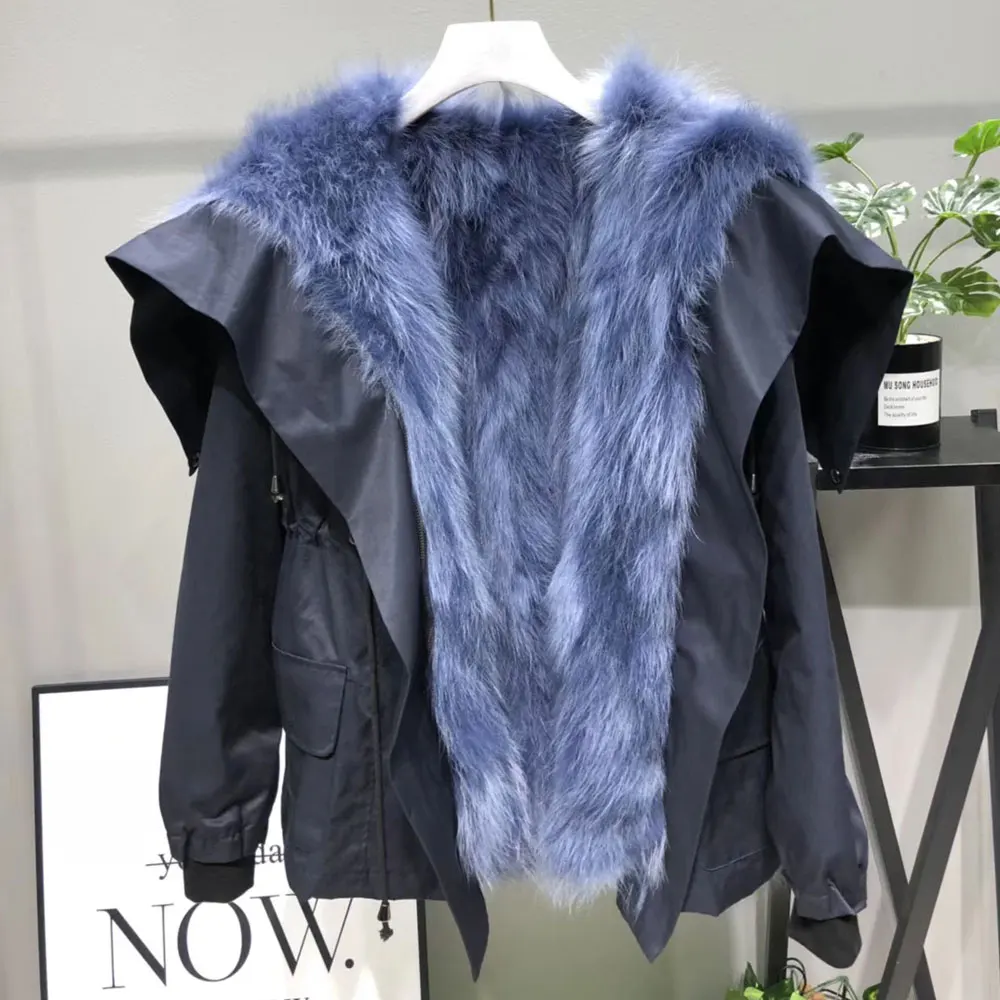 2019 Women Real Fox Fur Collar Coat Natural White Raccoon Liner Detachable Loose Thick Warm Winter Jacket Hooded Parkas | Женская одежда