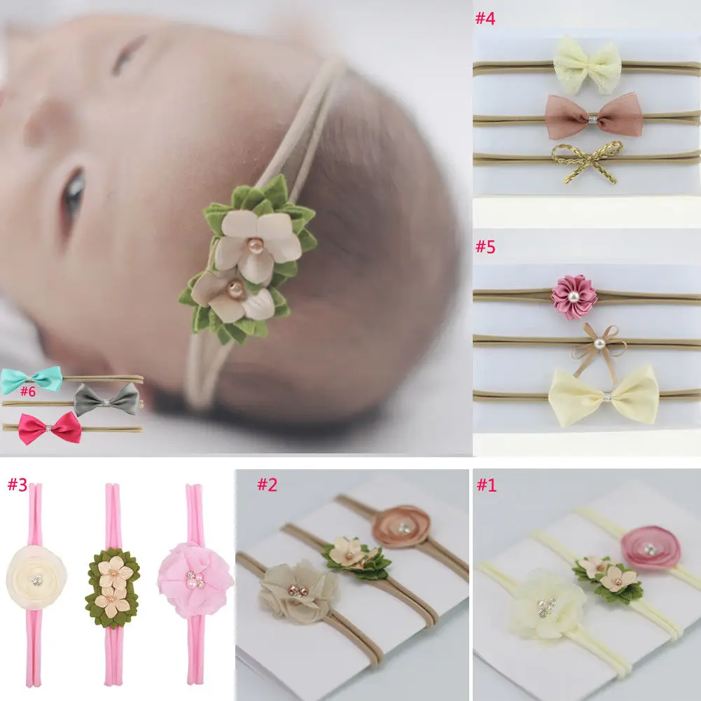 Детская головная повязка для новорожденных 3 шт. на голову с бантом в цветочек