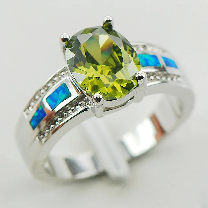 Кольцо Peridot Blue Fire Opal из стерлингового серебра 925 пробы для женщин Размер 6 7 8 10 R1172