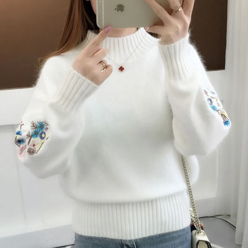 2019 Autumn Winter Sweater Women Casual Embroidery Pullovers Female Korean Half Turtleneck Long Sleeve Warm Knit Tops Pull Femme | Женская