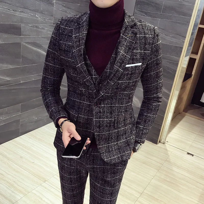 Новинка 2019 мужской модный Эксклюзивный Свадебный костюм в клетку костюм-тройка