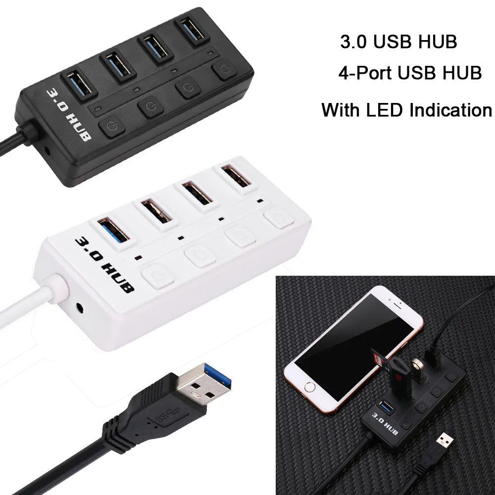 4 порта Plug and play с супер скоростью USB 3,0 концентратор вкл/выкл переключатели адаптер синий светодиодный индикатор питания для портативных ПК