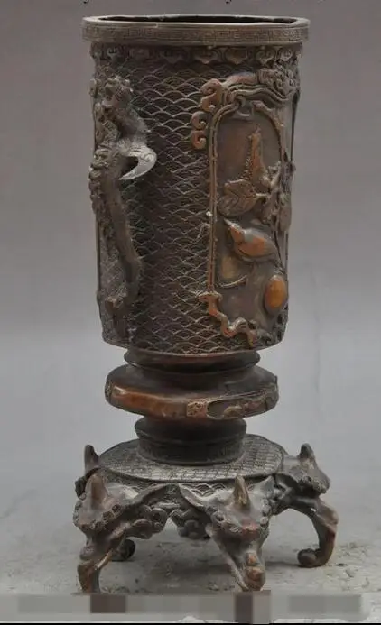 Китайские бронзовые люди сосна феникс птица слон голова ваза щетка горшок