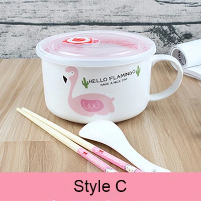 Популярная керамическая миска для лапши, контейнер для еды, салат, фрукты, большая емкость, миски для риса с крышкой, фламинго, узор, столовая посуда миска - Цвет: Style C