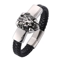 punk men leather bracelets jewelry leather braided bracelet stainless steel magnetic buckle lion bracelet fashion bangles pw814