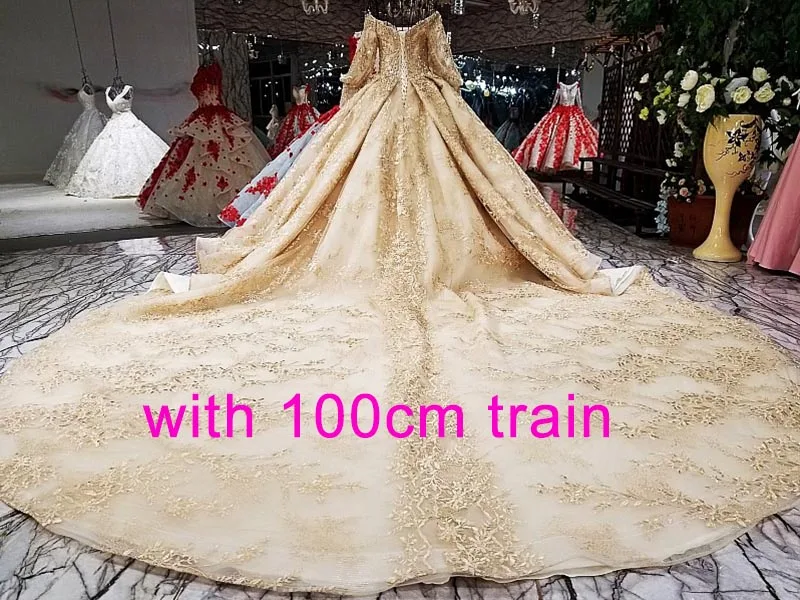 with 100cm train LS68774 роскошное бальное платье вечернее платье длинный рукав с плеча золотые цветы блестящее вечернее платье с поездом реальное как фотографии - Цвет: with 100cm train