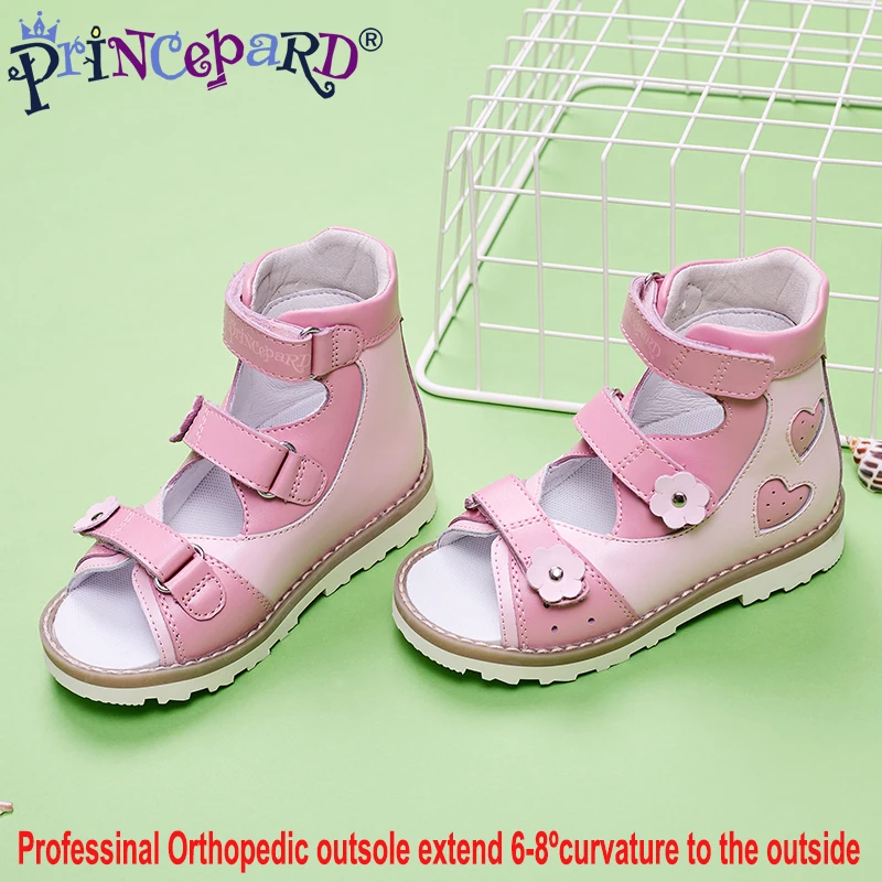 Princepard/; высокие ортопедические сандалии для девочек; летние туфли для девочек с узором в виде РОЗОВОГО СЕРДЦА; сандалии из натуральной кожи; Размеры 20-36