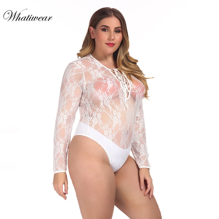 Whatiwear плюс размер с длинным рукавом Кружевное боди прозрачное женское тело