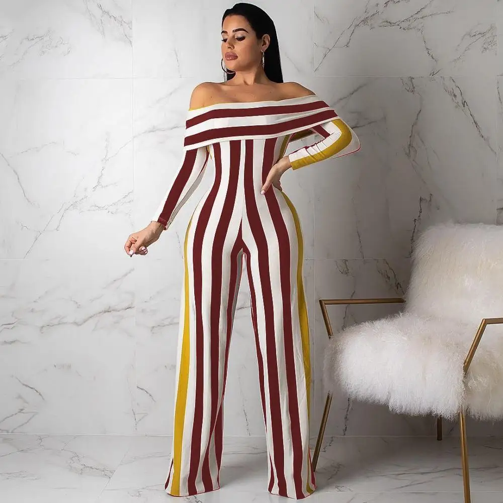 Женский комбинезон в полоску с открытыми плечами прямой Длинный Облегающий