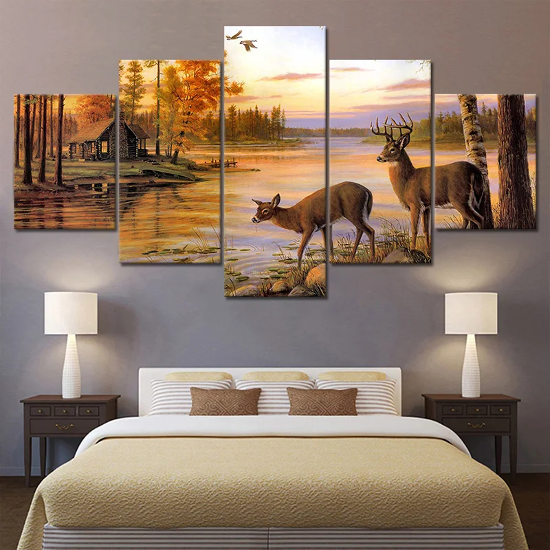 

5 Piece Autumn Nature View Landscape Oil Painting Canvas Wall Art Picture Home Decoration Animal Deer Artwork Wall Sticker Gift