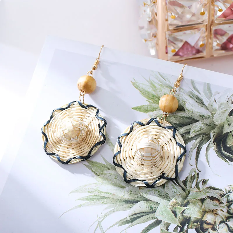 Женские Висячие серьги ручной работы в форме шляпы бохо из плетеной соломы и