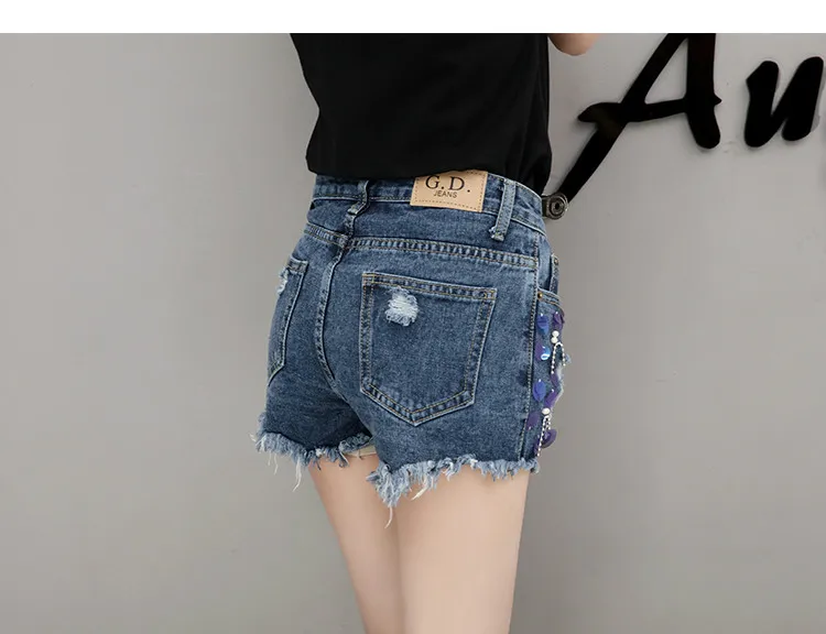 Весна 2017 женские летние модные новые расшитые бисером джинсовые шорты с высокой