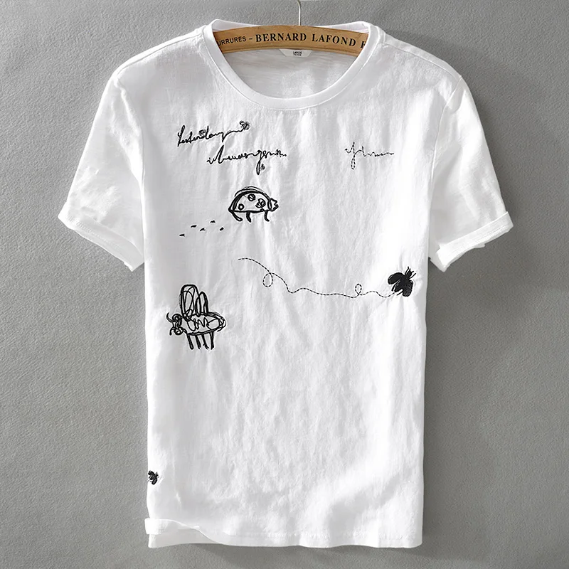 Summer cool new linen short-sleeved t-shirt exquisite trend male loose embroidery pattern stitching t shirt camisetas hombre | Мужская