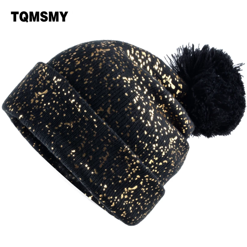 Женские вязаные шапочки TQMSMY зимние шапки для женщин золотистые блестящие с