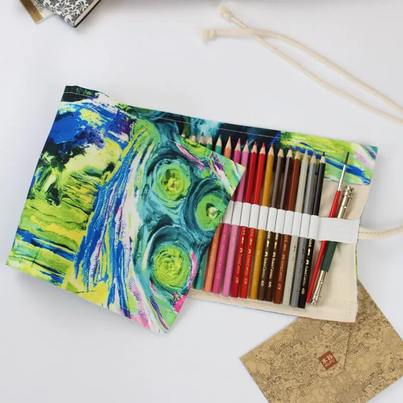 

36/48/72 Holes Pencil Case Canvas Art Drawing Pen Bags Wrap Roll Up Holder Printing Storage Pouch School Offices Suppiles Gift