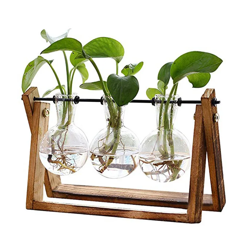 Glass Wood Planter Bulb Vase Terrarium Table Hydroponics Plant Bonsai Flower Pot Hanging Pots Home Decoration with Wooden Tray - Цвет: 3