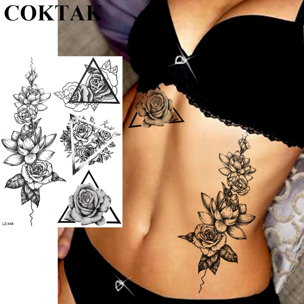 

COKTAK Waterproof Lotus Flower Chain Tattoos Temporary Triangle Rose Tatoo Stickers For Women Body Art Henna Fake Tattoo Sleeve