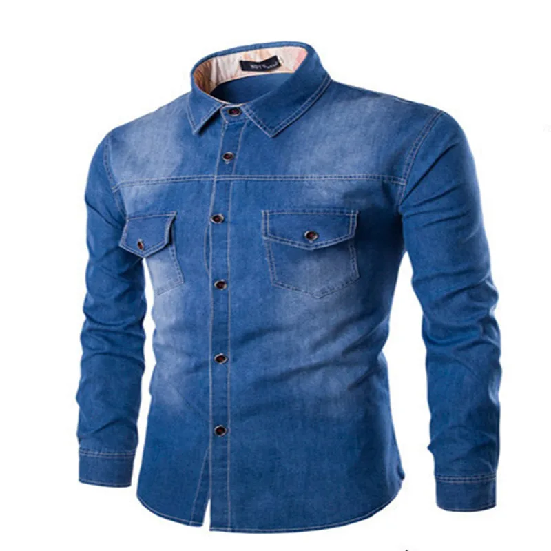 2016 Новая модная мужская джинсовая рубашка хлопковая приталенная брендовая