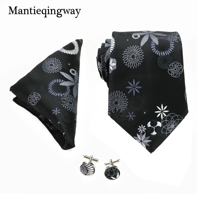 Mantieqingway Цветочные граваты Запонки Наборы для бизнеса 8,5 см черные и серые цветы корбаты галстук платок Набор для костюмов