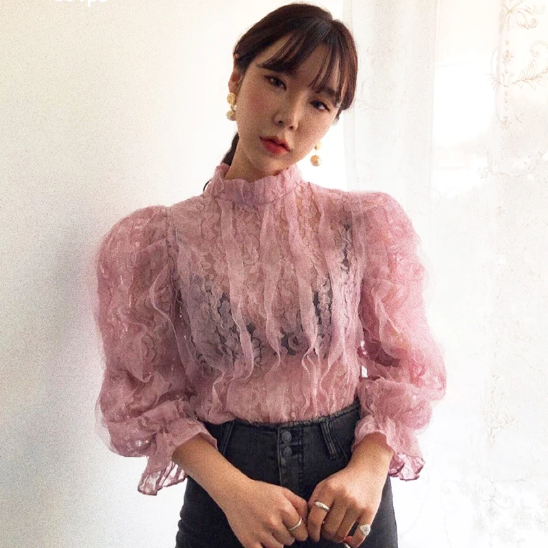 WHITNEY WANG 2019 весенне-осенняя модная уличная кружевная блузка с оборками женские