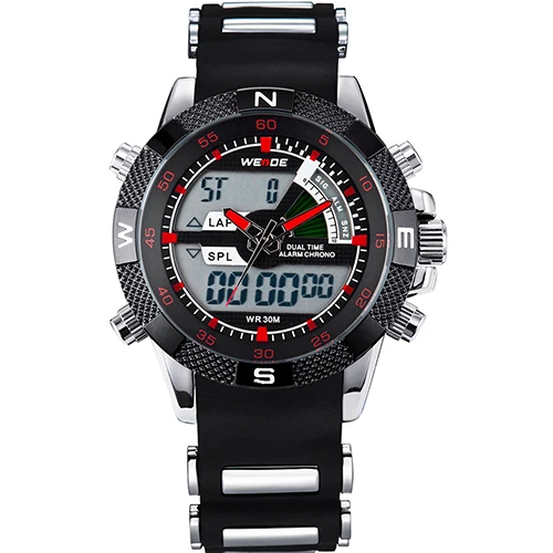 Silicone Red Hands WEIDE Часы Мужчины LCD Аналоговые Цифровые Часы Спорт Задняя Подсветка Будильник Оригинальныые ПУ Ремешок Секундомер Автоматическая дата Секунда Месяц Дата Неделя Кварцевый Водонепроницаемые Наручные Мужские Часы - Цвет: Silicone Red Hands