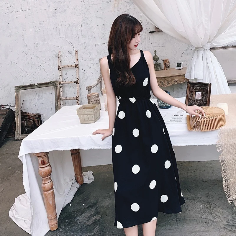 Сексуальное женское платье макси в горошек летнее на бретельках с v образным