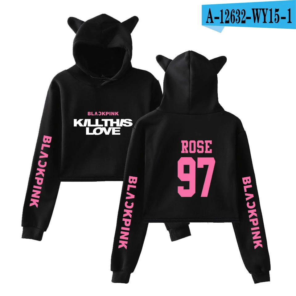 Черный розовый альбом KILL THIS LOVE Basic Street Повседневные толстовки с кошачьими ушками Толстовка для женщин крутой пупок Толстовки размер - Цвет: black