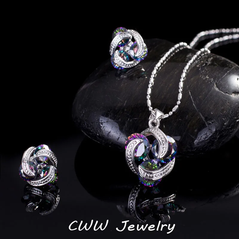CWWZircons новые модные круглые серьги и ожерелье из натурального радужного огня с