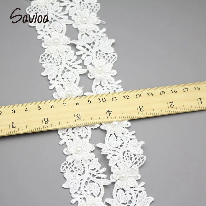 Savica 2y/lot 2cm Pearls Embroidery 3D Flowers Lace Dolls Dress Decor Applique Fabric White Trim Sewing DIY Materials LX191 | Дом и сад