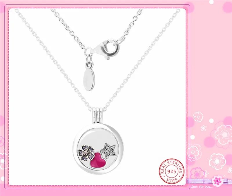 925 пробы серебро 60 см Средний подвешиваемый кулон Cherry Blossom& Magenta Сердце и звезда Petite подвески для женщин FLN027G