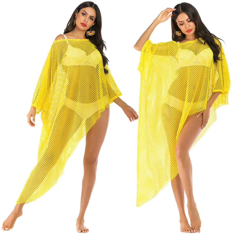 Yellow cover up Необычная туника, Пляжное платье, накидка для женщин, желтый комбинезон, лето, купальник, накидка с длинным рукавом, платья из полиэстера, одежда для плавания - Цвет: Yellow cover up