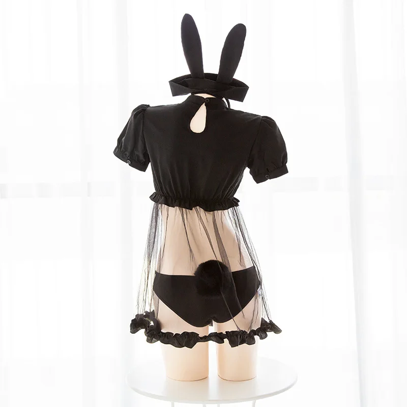 Kawaii Bunny Girl Heart Hollow Out Perspective Sexy Women Cosplay Cute Nurse's Uniform Set Whith Tail Lingerie Suit Black+white |