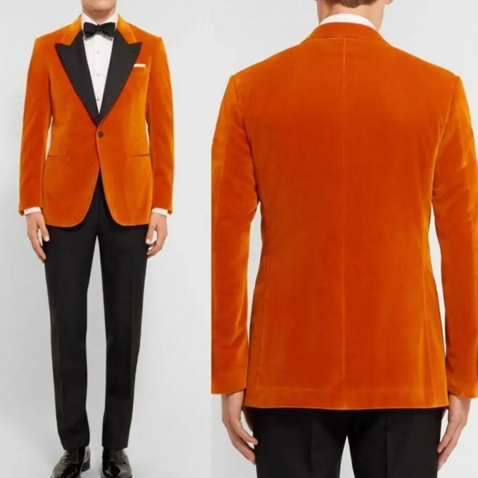Оранжевый бархатный Свадебный Мужской костюм с пиковым отворотом приталенные