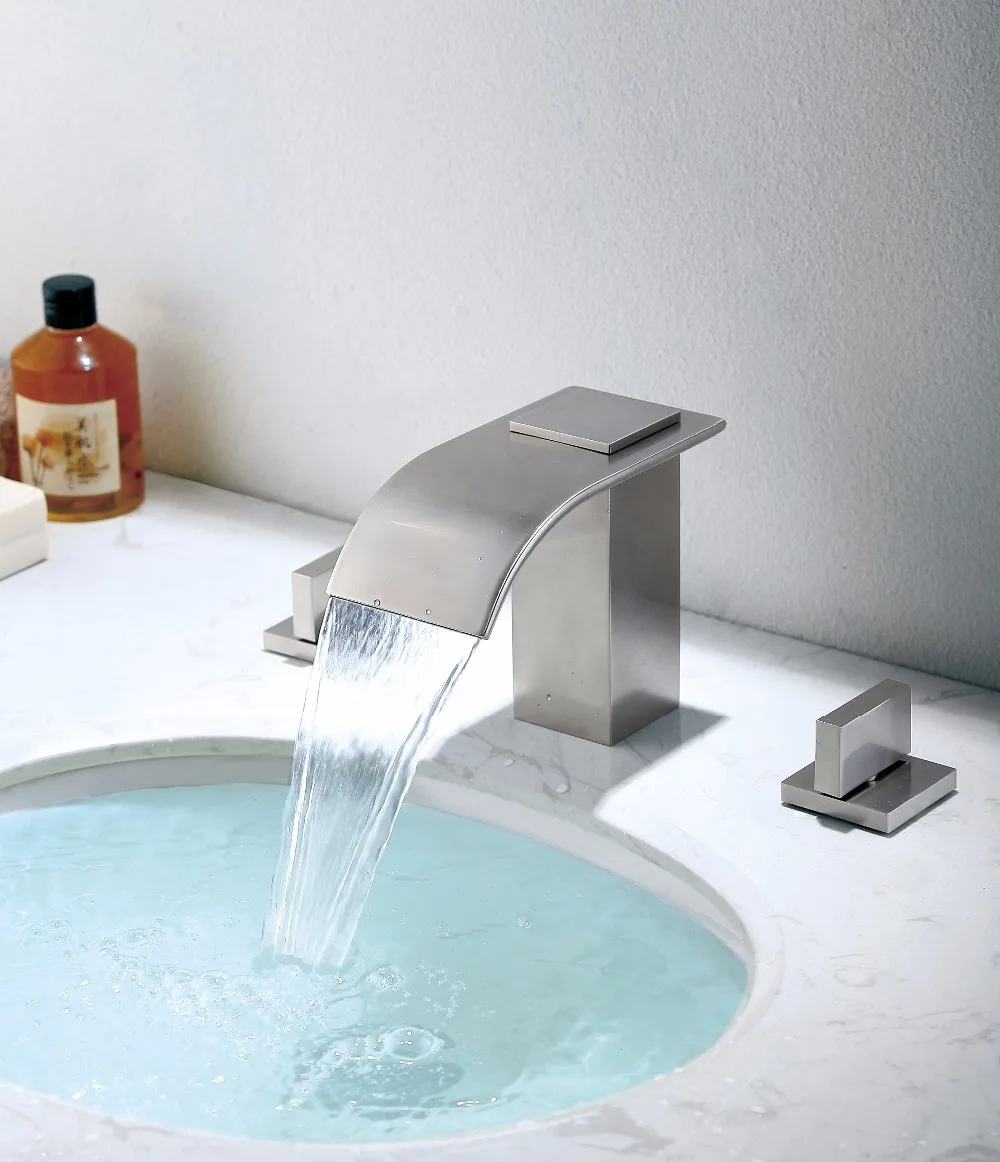 

Free ship Waterfall Modern 3 Holes Widespread Bathroom Sink Faucet Mixer Tap Set Solid Brass deck mounted