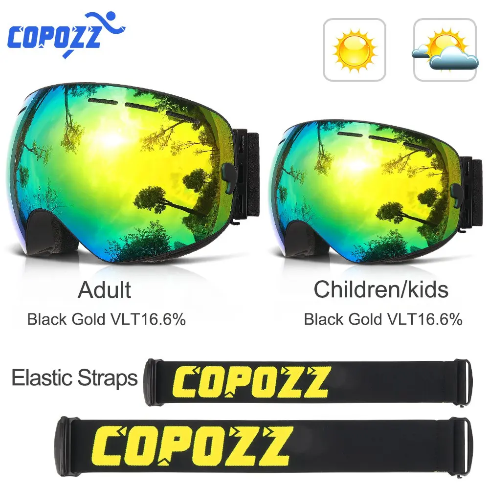 COPOZZ для родителей и детей, лыжные очки, 2 шт. в комплекте, сноуборд, анти-туман, лыжные очки, UV400 для Famliy, для мужчин, женщин, детей, спортивные, снежные очки - Цвет: Gold lens