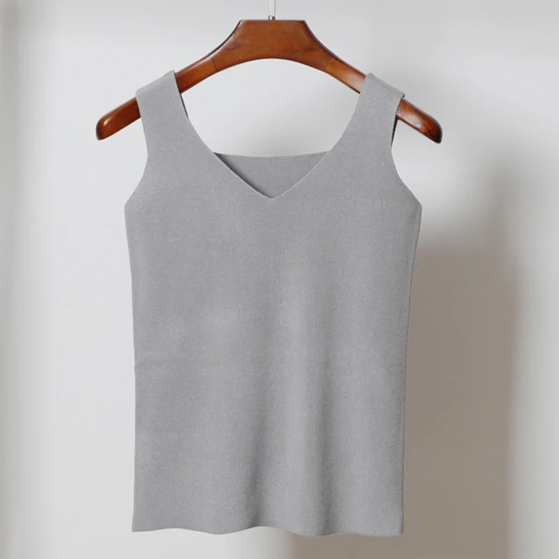 Light grey Женский черный вязаный Топ с широкими бретельками, Одноцветный Тонкий Топ без рукавов с v-образным вырезом, весна-лето, женские пикантные Короткие топы - Цвет: Light grey