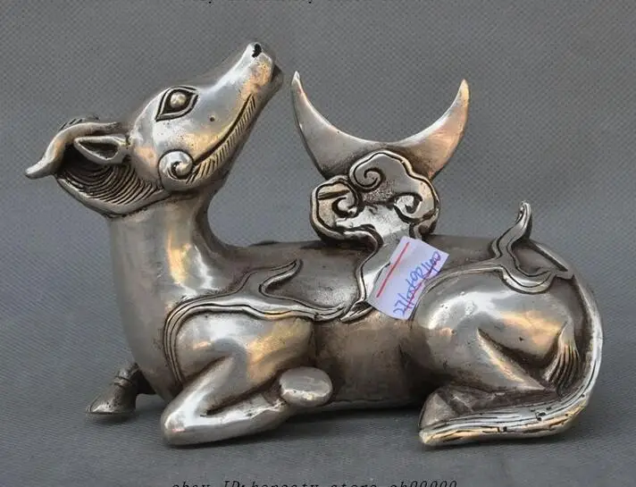 Старая китайская народная фэншуй Серебряная Статуэтка быка счастливого