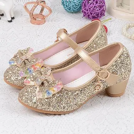 

2022 Princess Kids High Heels Dress Party Leather Shoes Baby Girls Children's Sequins Shoes Enfants Wedding for Girl 26-37