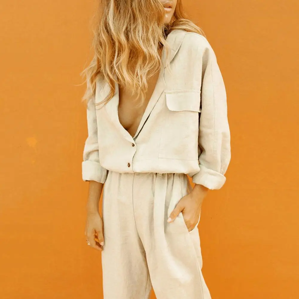 Женский костюм тонкий хлопковый топ с длинным рукавом и карманами на кнопках