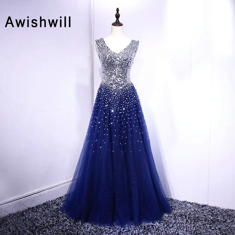 Vestido De Festa Longo Настоящее фото v образным вырезом Beadings Тюль длинное платье для