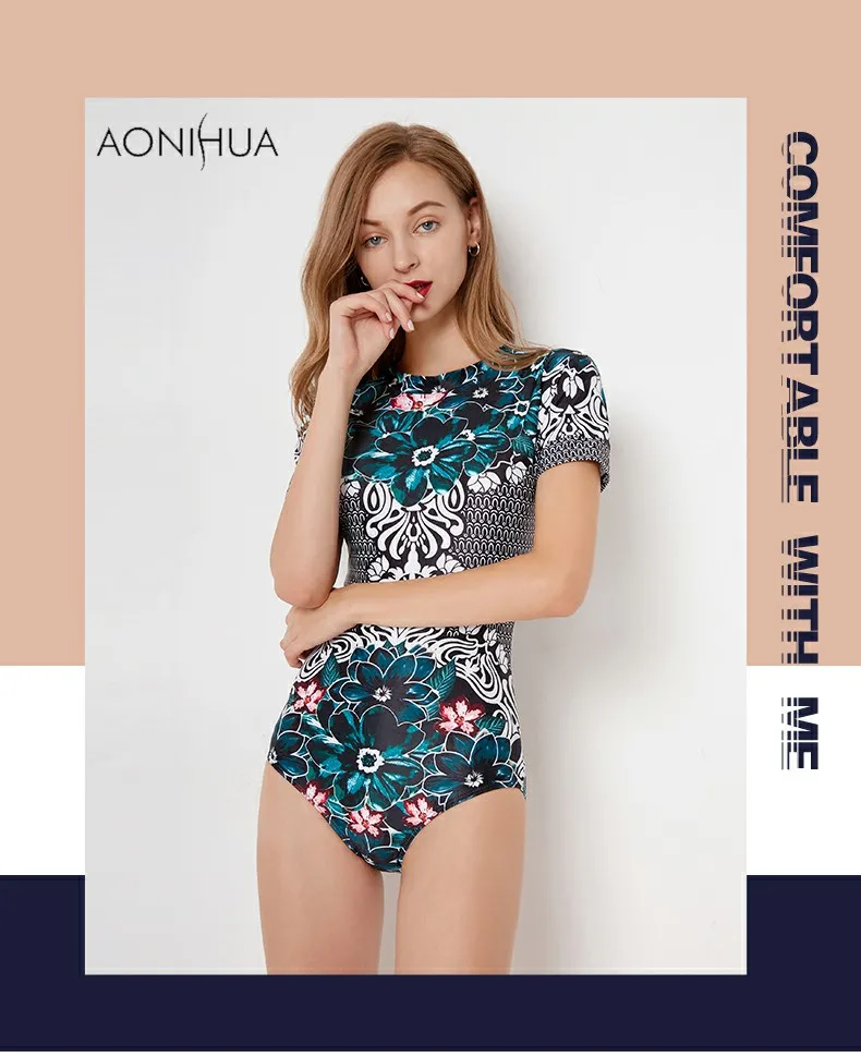 AONIHUA, сдельный купальник, женский, короткий рукав, тонкий, Ретро стиль, зеленый, с цветочным принтом, для пляжа, для серфинга, купальник на молнии, купальник, XXL