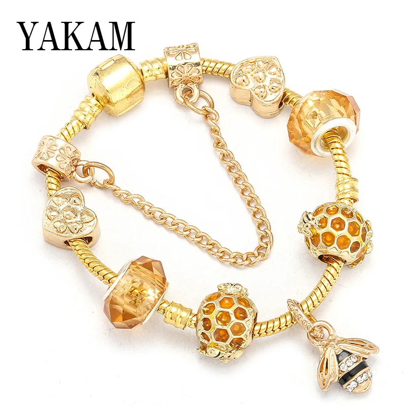 Подходит для европейских оригинальных шармов браслет Pulseras Золотая эмаль соты сердце бусины пчела болтаются женские ювелирные браслеты "сделай сам" подарок