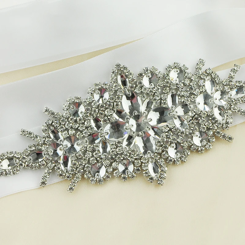 Атласный свадебный пояс с кристаллами и бусинами Babyonline ленточный недорогие - Фото №1