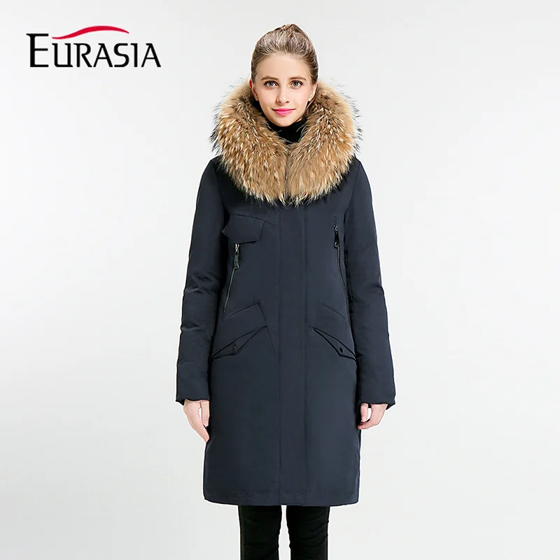 Женская однотонная зимняя куртка до колена EURASIA, свободная куртка с капюшоном и высоким воротником, плотная парка с воротником из натурального меха, Y170027, зима - Цвет: 36 Dark blue