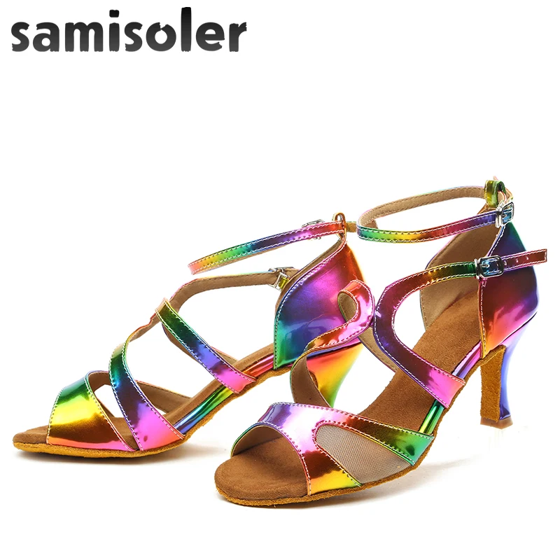 Samisoler Latin Dance Shoes Rainbow Colors bright PU Women's Salsa elegant Ballroom dancing shoes soft tango dance shoes heel