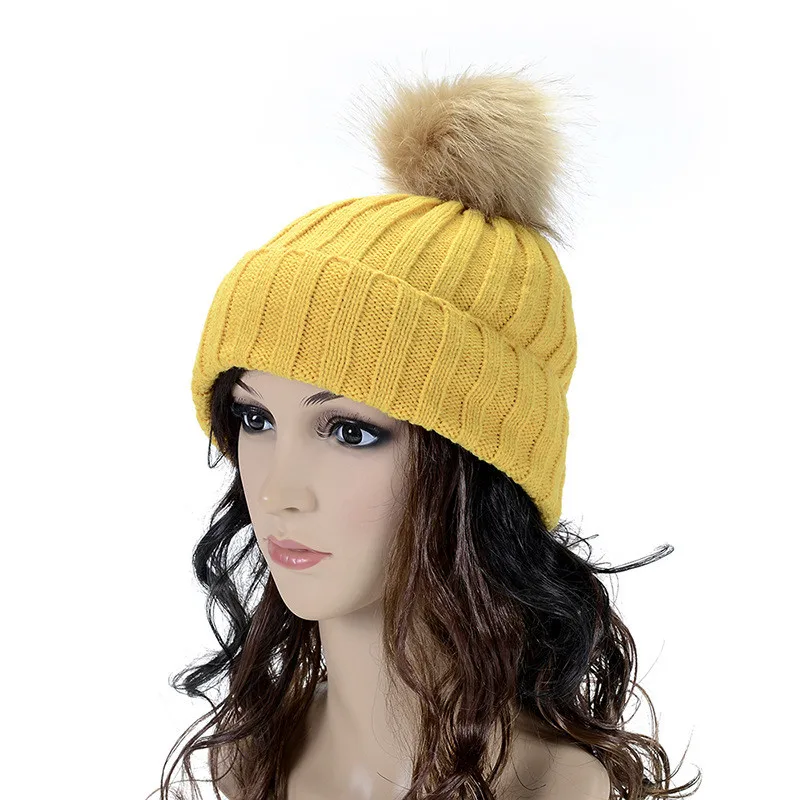 New Hat Female Classic Knitted Faux Fur Pom Poms Women Cap Headdress Head Warmer Women's Winter Hats Skullies Beanies BD01 | Аксессуары