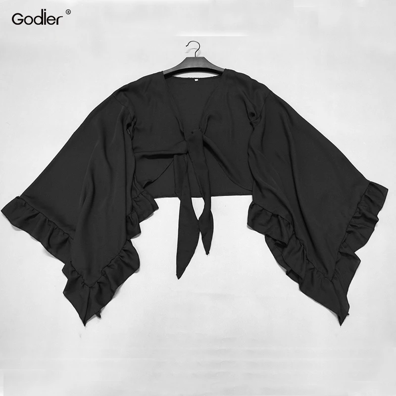 Godier 2018 новая сексуальная женская летняя блузка с большим Расклешенным рукавом