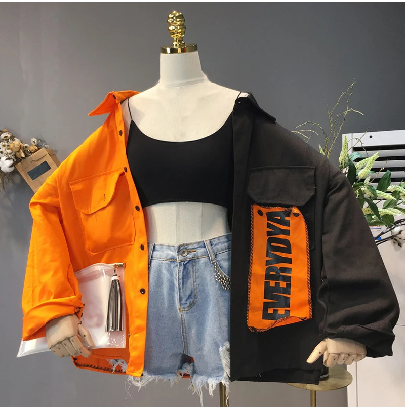 Black Orange Женская куртка в стиле Харадзюку, большие размеры, пэчворк, весна-осень, Новое поступление, верхняя одежда, пальто в стиле хип-хоп, уличная одежда, свободные BF стильные куртки - Цвет: Black Orange