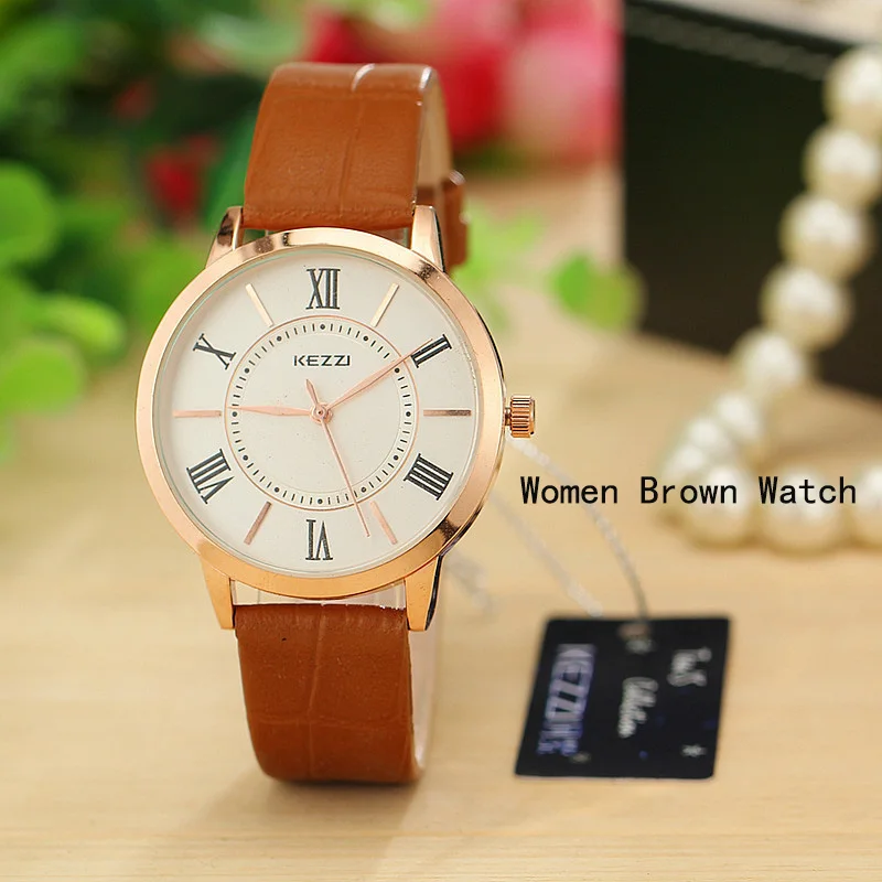 women brown watch Новое поступление, брендовые кварцевые часы KEZZI с кожаным ремешком, повседневные модные часы с черепом и циферблатом, японские водонепроницаемые мужские часы - Цвет: women brown watch