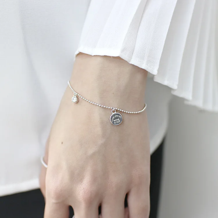 chain bracelet Тонкое подлинное 925 пробы Серебряное письмо выгравированное Монета и циркония счастливый Круглый бисер цепи браслеты/ножной браслет ювелирные изделия S23 - Цвет камня: chain bracelet